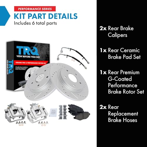 Image of TRQ Performance Rear Brake Pad and Rotor Set Ceramic Slotted Drilled Coated Rotors Calipers Compatible with 12-16 Chrysler Town and Country Grand Caravan 12-15 Ram Cargo Van 13-14 Volkswagen Routan