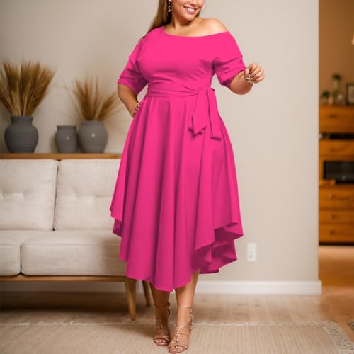 Image of Plus Size Women Wedding Guest Dress Off Shoulder Boat Neck Irregularly Flowy Midi Church Dress