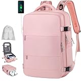 MIAOKE Mochila de Viaje, Mochila Impermeable, 31,5 L, con Puerto De Carga Usb, 10 Bolsillos para Zapatos y Compartimento para PortáTil de 15,6', Ideal para Viajar en AvióN, Unisex, Rosa, L