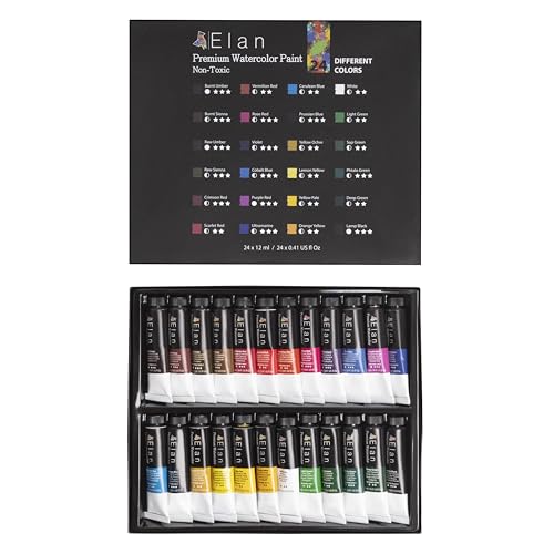 Elan Set Acuarelas Profesionales, 24 Set Acuarela en Tubo 12ml, Kit Acuarela Liquida, Watercolor, Kit Acuarelas 24 Colores, Pintura Para Tela