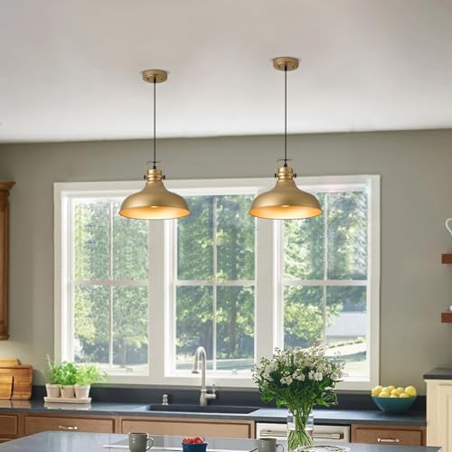 Image of Gold Modern Pendant Lights Kitchen Island Fixtures | ETL Certificate,Industrial Adjustable Height Vintage Dome Hanging Light Fixtures for Barn,Dining Room 3 Pack
