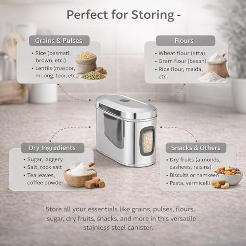 Image of Stainless Steel Capsule Food Canisters /Jars /Containers for Kitchen Storage with See Through Window - set of 1, 2350 ml capacity, 14 cm Diameter, Silver