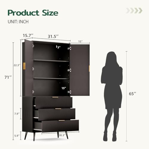 Image of Fluted Tall Cabinet, Kitchen Pantry Cabinet with Adjustable Shelves, Wood Cupboard with 3 Drawers 2 Doors, Mid Century Modern Cabinet for Living Room Dining Room Entryway Office, Black