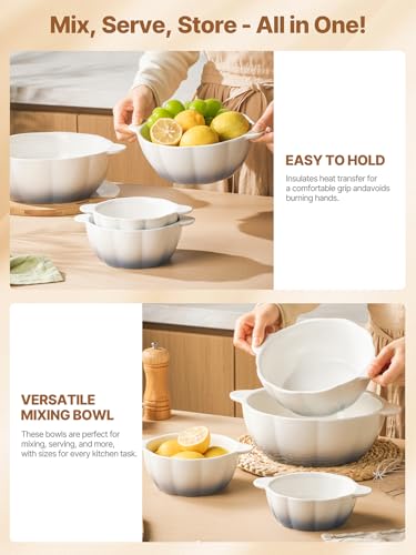 MISSYSSIM 14/24/45 Oz Soup Bowls, Ceramic Kitchen Bowls for Fruit, Snack, Cooking, Baking, Prepping etc, Ramekins Oven Safe, Serving Bowls with Handles, Food Storage Containers Set of 3 — view 5