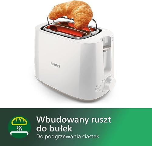 PHILIPS Toster wyposażony w 2, duże regulowane otwory, 8 poziomów opiekania, Funkcja podgrzewania i rozmrażania, Wyjmowana tacka na okruszki, Kompaktowa kontrukcja, Kolor biały, HD2581/00