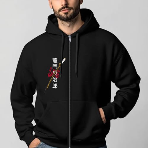 Image of Anime Zipper Hoodie for Men Stylish | Regular Fit Demon - Slayer Printed Hoodie | Cotton Fleece Long Sleeve Zip Up Hoodie Sweatshirts
