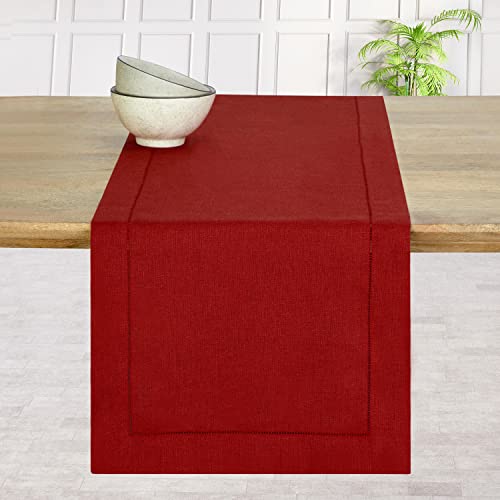 D'Moksha Homes Christmas Table Runner 100% Pure Linen Hemstitch Table Runners Machine Washable- Thanksgiving, Xmas Holidays