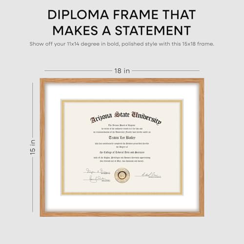 Image of Homeforia 15x18 Diploma Wood Frame, High End Natural Oak 15 x 18 Certificate Frames with Mat for 11x14, 18x15 Document Matted Frame, Graduation Degree Wooden Frames, Tempered Glass, Wall Kit, Set of 1