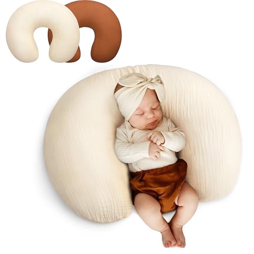Pro Goleem Muslin Nursing Pillow Cover, 100% Cotton Soft Breathable Feeding Pillow Slipcover for Breastfeeding Moms, Fits Standard Infant Nursing Pillow, for Boys and Girls, 2 Pack (Brown＆Beige)