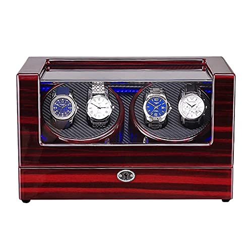 WYUYIW Enrollador de Reloj Caja enrolladora de Reloj para 4 Relojes automáticos Luz LED incorporada Carcasa de Madera Pintura de Piano Adaptador de CA Exterior y enrollador de Reloj ed (C)
