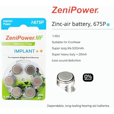 ZeniPower Extra High Power Cochlear Implant BTE Speech Processor Batteries Zinc Air 1.4V Size 675P, 675CI, Implant Plus (120 Batteries)