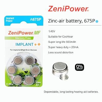ZeniPower Extra High Power Cochlear Implant BTE Speech Processor Batteries Zinc Air 1.4V Size 675P, 675CI, Implant Plus (120 Batteries)