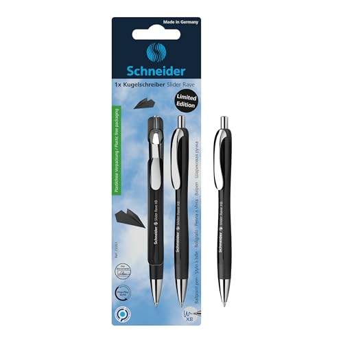 Schneider Limited Edition Slider Rave Black, XB (Extra Broad) Ballpoint Pen, Refillable + Retractable, 1.4 mm, Black Barrel, Blue Ink, Blister Pack of 1 Pen (73261)