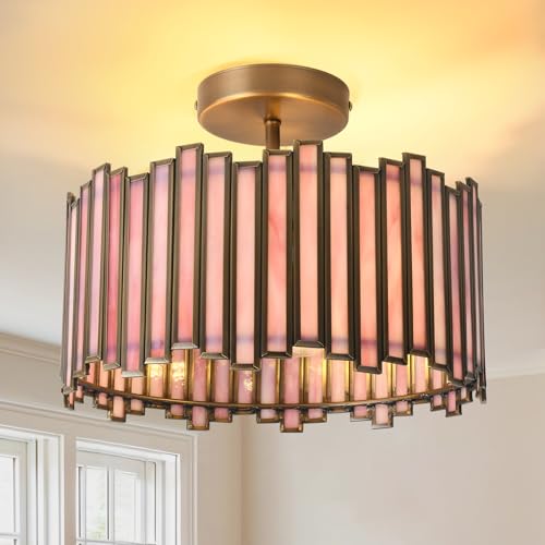 Pandaluna Brass Semi Flush Mount Ceiling Light, Antique 12.6in Drum