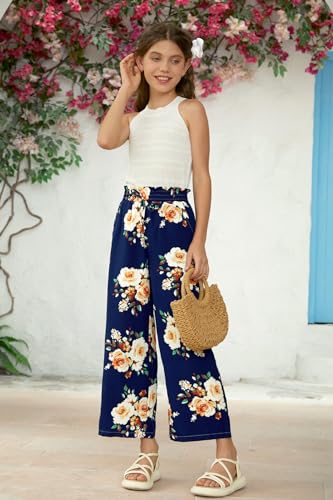 Image of Girls Summer Floral Wide Leg Pants High Waisted Flowy Dress Trousers with Pockets for School Lounge Beach 5-14 Years