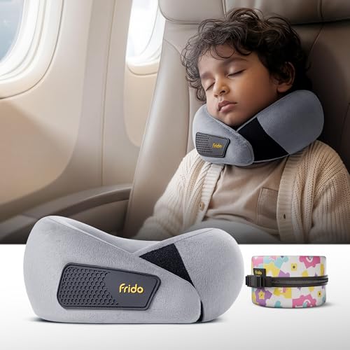 Image of Frido Kids Memory Foam Travel Neck Pillow with Travel Pouch | 360 Chin & Neck Support for Comfortable Sleep | Adjustable Velcro Straps | Ideal for Car, Flight & Road Trips | Bluish Grey