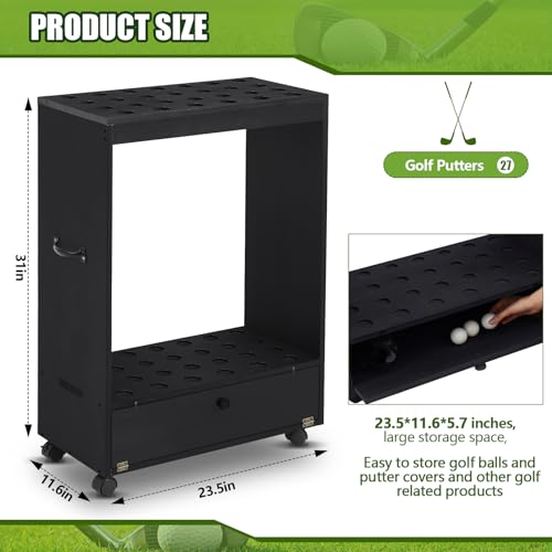 Silipull-Wooden-Golf-Club-Stand-Holder-Golf-Club-Ball-Organizer-Rack-with-Storage-Drawer-and-Wheel-for-Home-Office-Garage-Simulator-or-Indoor-Display-Areas