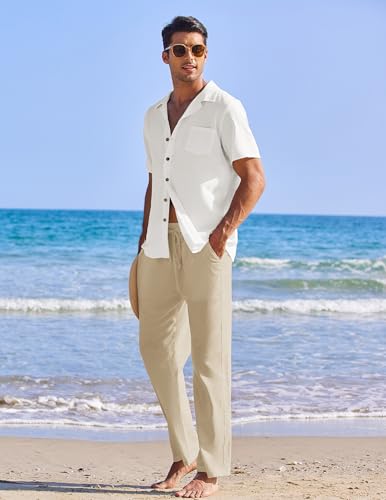 Image of COOFANDY Men 2 Piece Linen Outfit Beach Button Down Shirt Casual Loose Pant Sets