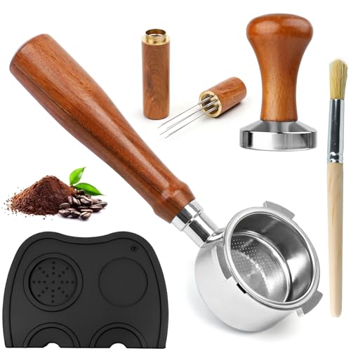 Prensadores de Café, 51mm Filtro Portafiltro Café sin Fondo, Agitador de Café expreso, 5 agujas, Tamper Prensadores de Café con Alfombrilla Cafe, Madera Café Tamper Espresso Kit Set