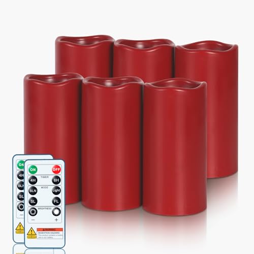 Amagic 3"x6" Red Flameless Candles with Remote, Christmas Candles Battery Operated with Timer, Waterproof LED Pillar Candles for Thanksgiving Table, Home, Outdoor Decor, Plastic, Set of 6