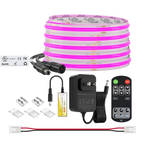 Image of BTF-LIGHTING Purple Color COB LED Strip Light, UL Listed High Density Flexible Tape Light with RF Remote & ETL Power Adapter, DC24V 16.4FT Ultra Bright Light for Cabinet Kitchen Home Indoor Lighting