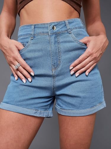 Image of Miss Chase Women's White Regular High Rise Clean Look Regular Stretchable Denim Shorts