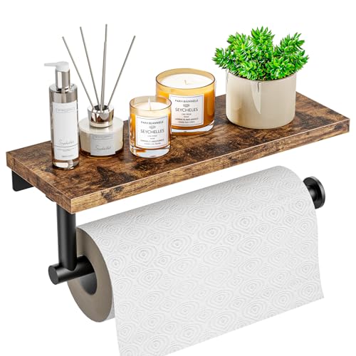 Banawey Paper Towel Holder Wall Mount with Shelf - Wooden Hanging Paper Towel Holder for Bathroom, Wall Mounted Hand Towel Holder, Paper Towel Rack for Bathroom, Kitchen, Laundry Room, Rustic Brown