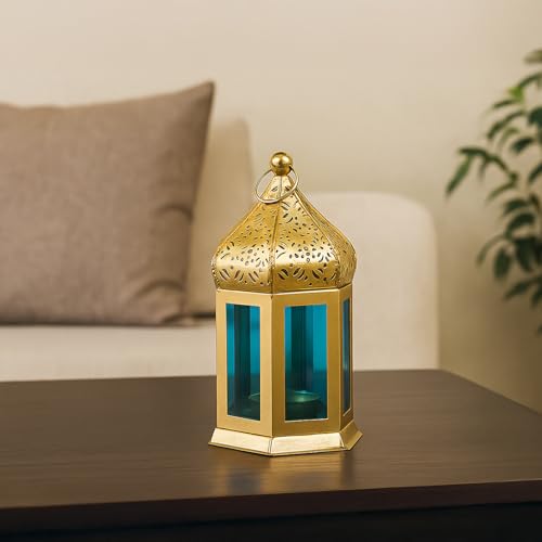 Image of MARKET 99 Metal & Glass Moroccan Lantern Candle Holder | Decorative Tealight Lantern for Home Decor, Living Room & Table | Valentine, Diwali, Wedding-Golden & Blue | (Use LED T-Light only)