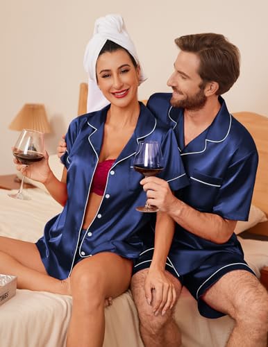 Image of Ekouaer Couple Matching Pajamas Sets Silk Short Sleeve Button Down Sleepwear Satin Pjs Shorts Set Soft Loungewear S-XXL