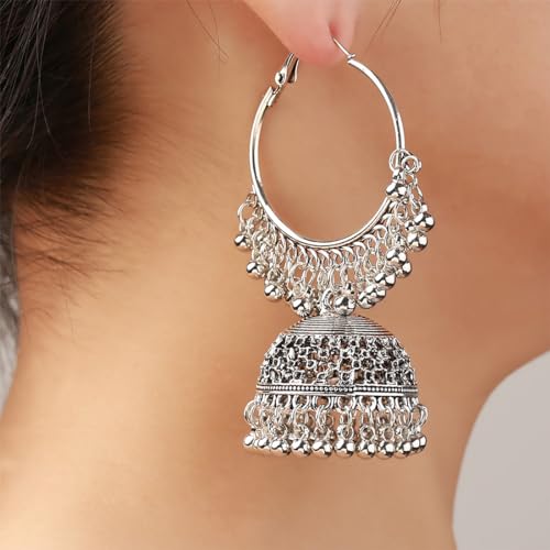 Oxidized Jhumka Bell Dangle Hoop Earrings Indian Bollywood Traditional Ethnic Jhumki Drop Big Huggie Hoops Statement Earring Boho Vintage Jewelry Gifts for Women (Silver) by Izpack - Used condition - Image 3