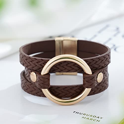 Plumiss Wrap Leather Circle Bracelet Boho Simple Brown Leather Cuff Bracelets Magnetic Clasp Jewelry For Women Men #TOP3