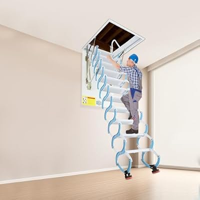 11 Steps Attic Ladder Pull Down System, 661 Ibs Wall Mounted Folding Loft Attic Stairs, Cold-Rolled Steel Retractable Loft Foldable Ladder with Armrests for Attics Garages Roofs (Blue+White)