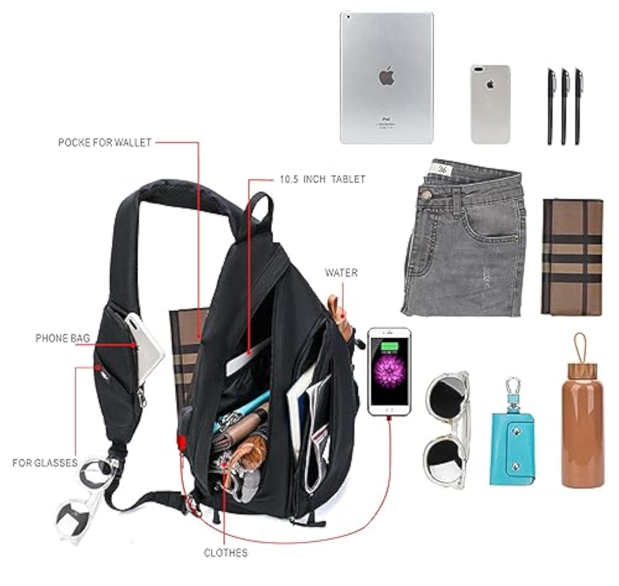 Water-Proof Sling Bag with USB Charging Port for Travel and Hiking