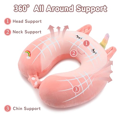 Image of Memory Foam Kids Travel Neck Pillow for Ages 9+, Removable Cover, Unicorn