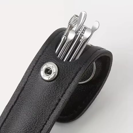 Stainless Steel Ear Wax Removal Kit, 6-Piece Ear Picking Spoon Set with Portable Keychain Leather Case, for Adults