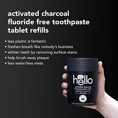 Hello Charcoal Toothpaste Tablets, Eco Friendly Toothpaste Tablets For Refilling With Active Charcoal, Fluoride Free, Fresh Mint Flavor, 3 Compostable Pouches, 180 Tablets Total #TOP3