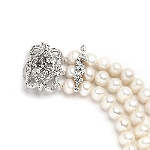 Mariell Genuine Freshwater Pearl 3-Strand Bridal Bracelet - Luxe 3-Row Pearl Bracelet With Cz Clasp #TOP4