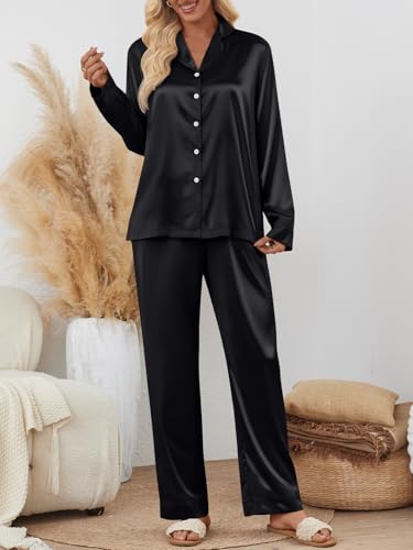LILLUSORY Satin Silk Pajama Set for Women Fall 2 Piece Button Up Side Slit Matching Pjs Cute Long Sleeve Lounge Shirts Pants3