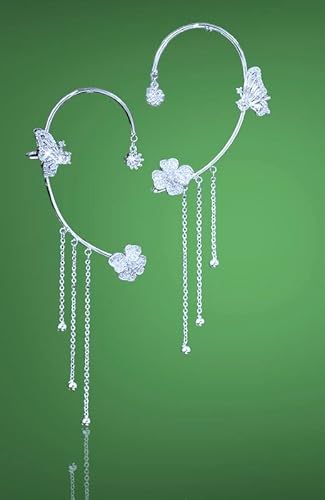 New Silver Trendy Crystal Diamond Flower Clip On Earrings No Piercing Cuffs Iced Out Zircon Cz Tassel Butterfly Ear Cuff Earring #TOP3
