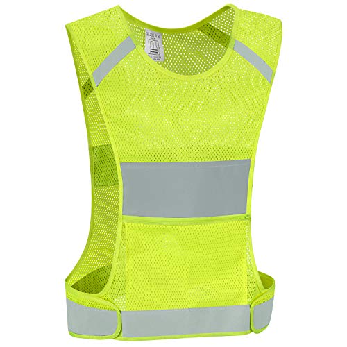 IDOU Reflective Vest Safety Running Gear with Pocket, Ultralight &Adjustable Waist&360°High Visibility for Running,Jogging,Biking,Motorcycle,Walking,Women & Men/Neon Yellow/L