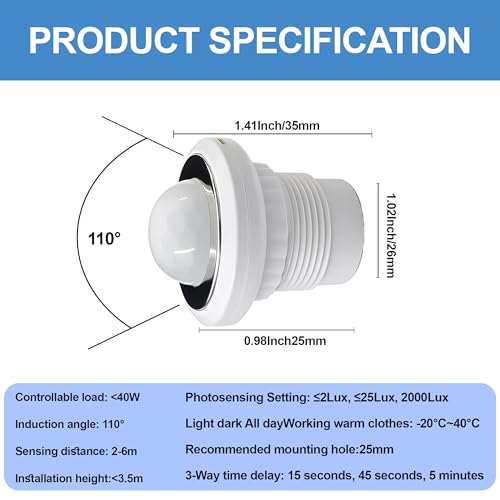 2 Pack PIR Motion Sensor Light Switch, AC 110-240V Adjustable LUX Light Sensitivity & Time Delay, Smart Infrared Induction Detector for LED Strip Lights, Closet, Cabinet, Pantry, Stairs - Thumbnail 4