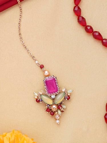 Image of SANJOYA Gold Plated Traditional Embroidered Jewellery for Women & Girls | Stone Studded Wedding, Festive, Mehendi, Sangeet Collection | Necklace, Earrings, Maang Tikka, Bracelet & Ring