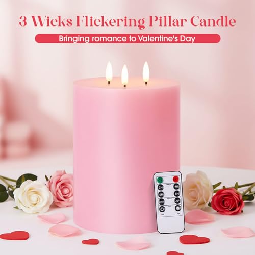 Image of Retisee 1 Pack Pink Extra Large Flameless Candles 6'' x 8'', Classic | LED Battery Operated, 3 Wicks Flickering Pillar Candle, Valentine's Day Wedding Party Decoration