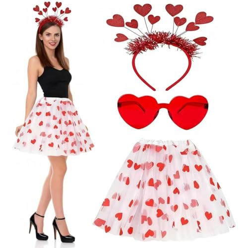 Ayucanpeng Karneval Kostüme Amor Set Amor Kostüm für Damen Valentinstag Herz Stirnband mit Pailletten und Tutu herzförmige Brille tragen Romantische Amor Kostüm Accessoires