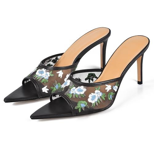 JANSEVEN Women Mesh Heeled Sandals Floral Mules Stiletto High Heels with Embroidered Flowered Open Pointed Toe Slip On Comfortable Fashion Dress Shoes3