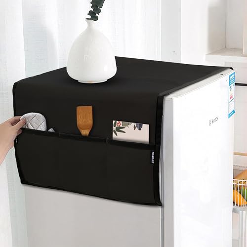 Image of NABAAT Premium Fridge Cover Top for Single Door Refrigerator Kitchen Decor Durable Dustproof Waterproof Modern Design with 6 Side Pockets for Kitchen Accessories - 130 x 54cm (Black)
