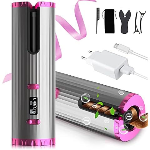 ALLWYOU Lockenstab Automatisch, Kabelloser Automatischer Lockenstab Tragbar, 6 Temperatur 8-18s Timer, Schnelle Heizung, Eingebauter Akku&USB-Aufladen, LCD, Keramik Turmalin Cover