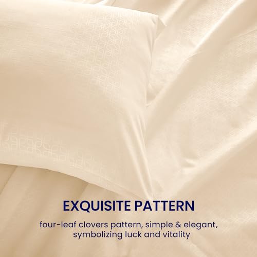 SLEEP ZONE Soft Sheets for Queen Size Bed, 4 Pieces Hotel Luxury Sheet Set, Easy Care Polyester Microfiber Cooling Sheet & Pillowcase Sets (Beige-Four Leaf Clove, Queen)