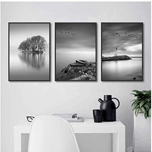 Paysage peinture lac noir et blanc impression HD | Poster artistique salon 50x70cm