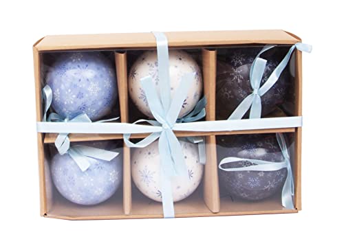 Ciao Set of 6 decoupage Christmas Tree Balls (diameter 7,5cm) Snowflakes with fabric ribbon in havana giftbox